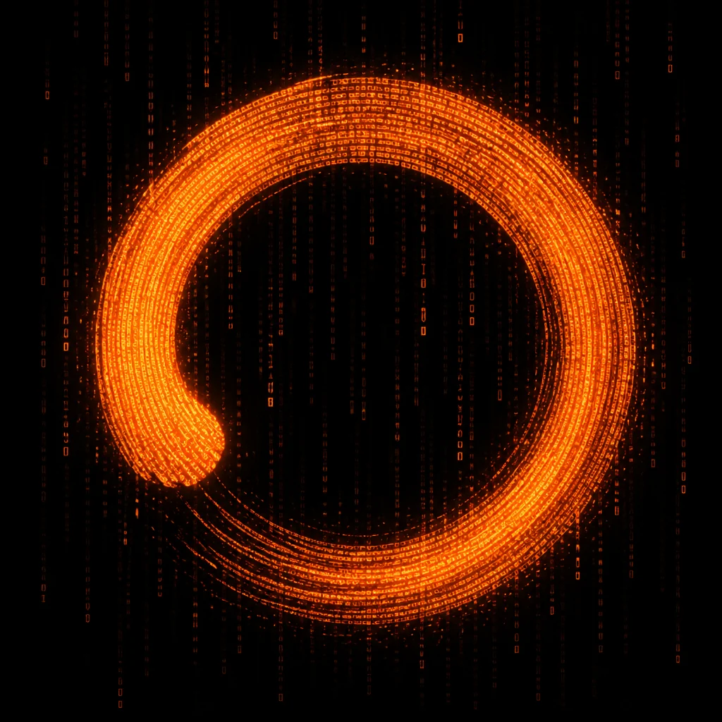 A glowing orange ensō zen circle made of code — stillness and patience