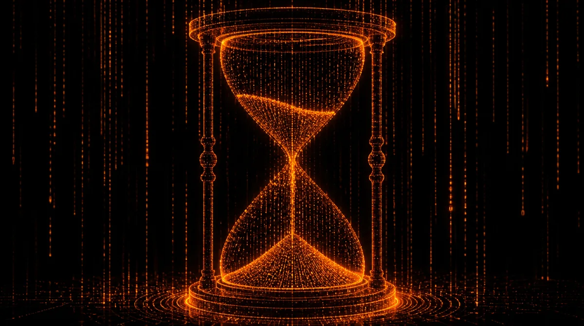 A glowing orange hourglass made of streaming code