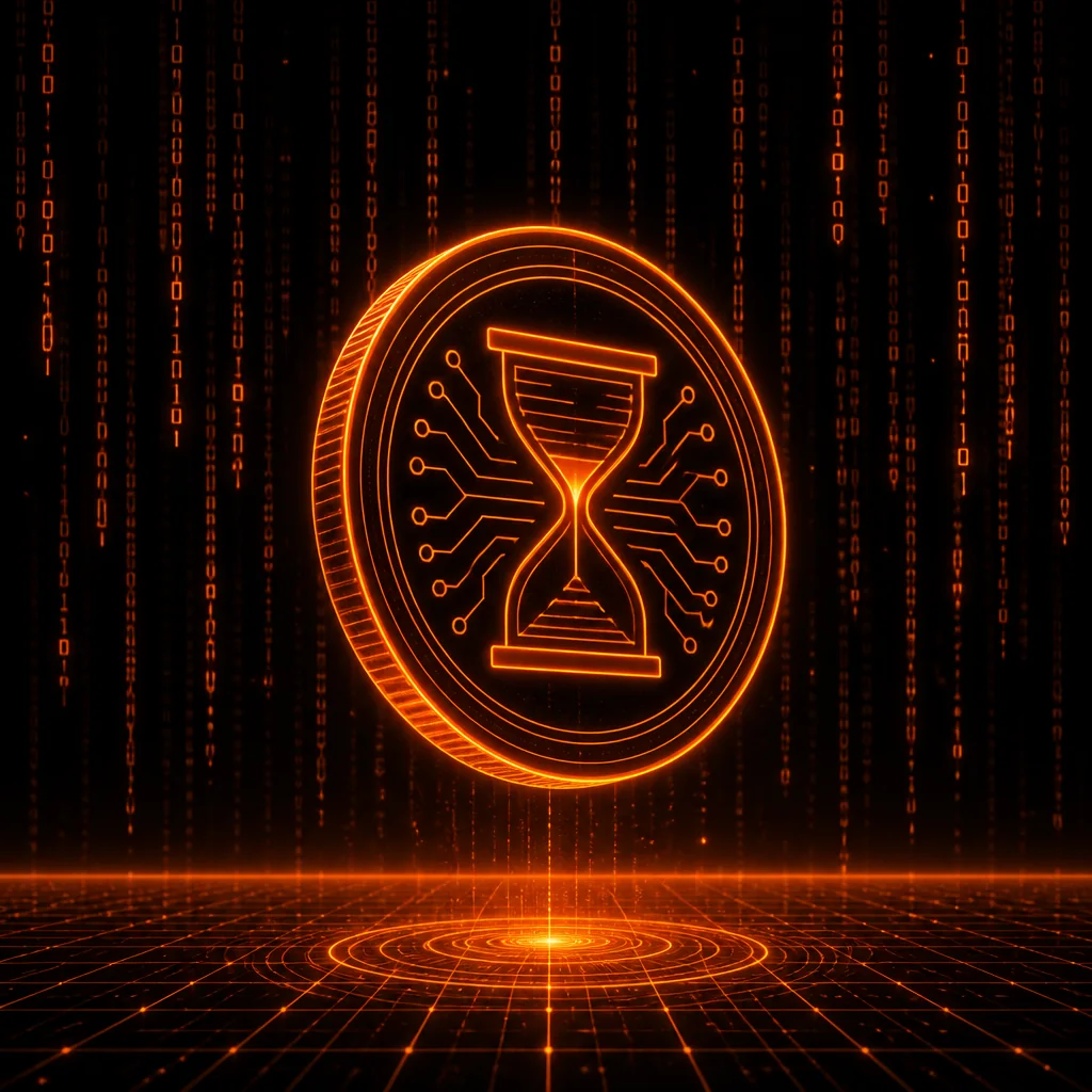 The $PATIENCE coin — an hourglass-and-circuit emblem glowing orange